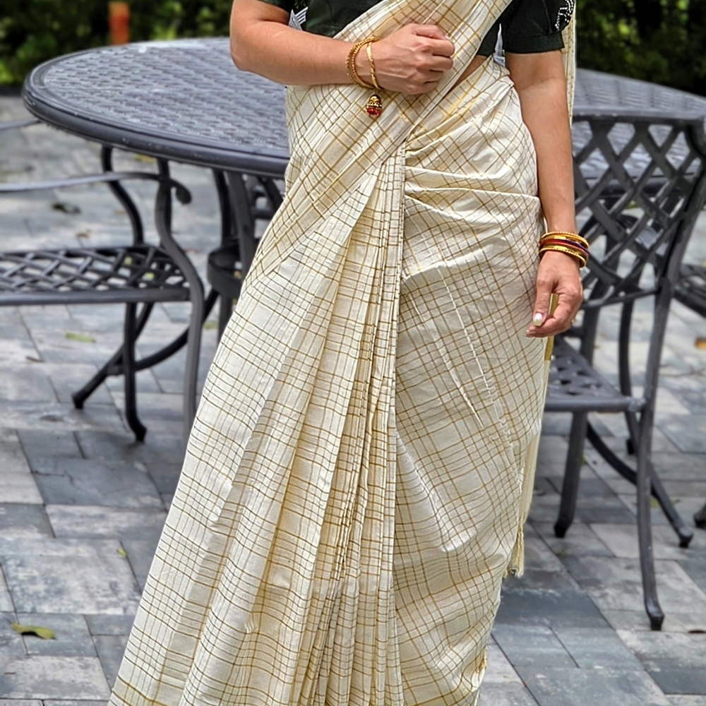 Elegant Cream and Gold Plaid Saree